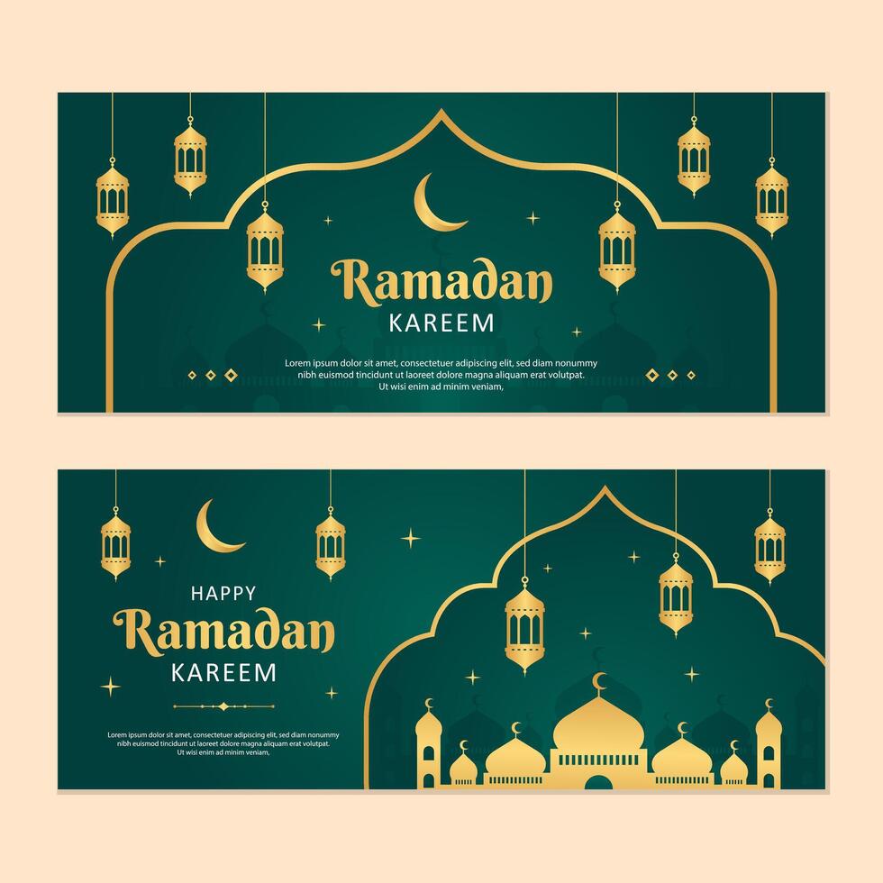 Islamic Ramadan celebration banner template design with gold frame and lantern illustration. Ramadan green banner background. vector