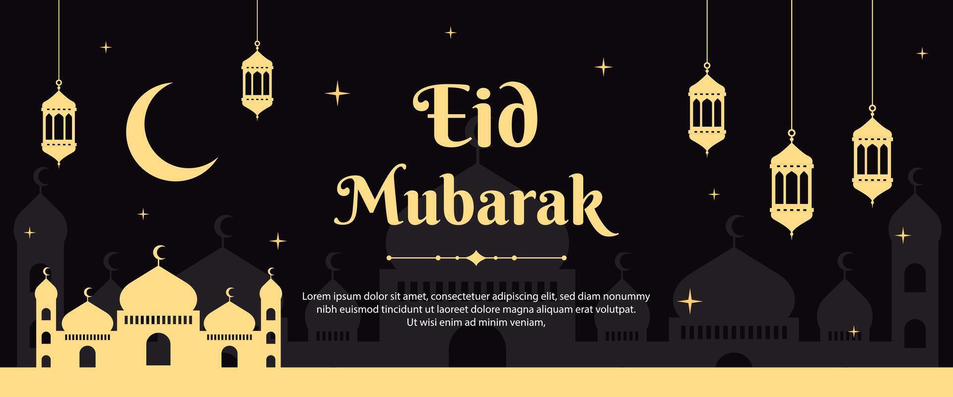 Eid Mubarak greetings banner background. Mosque, and lantern illustrations. Islamic design for web banners, business, and header vector