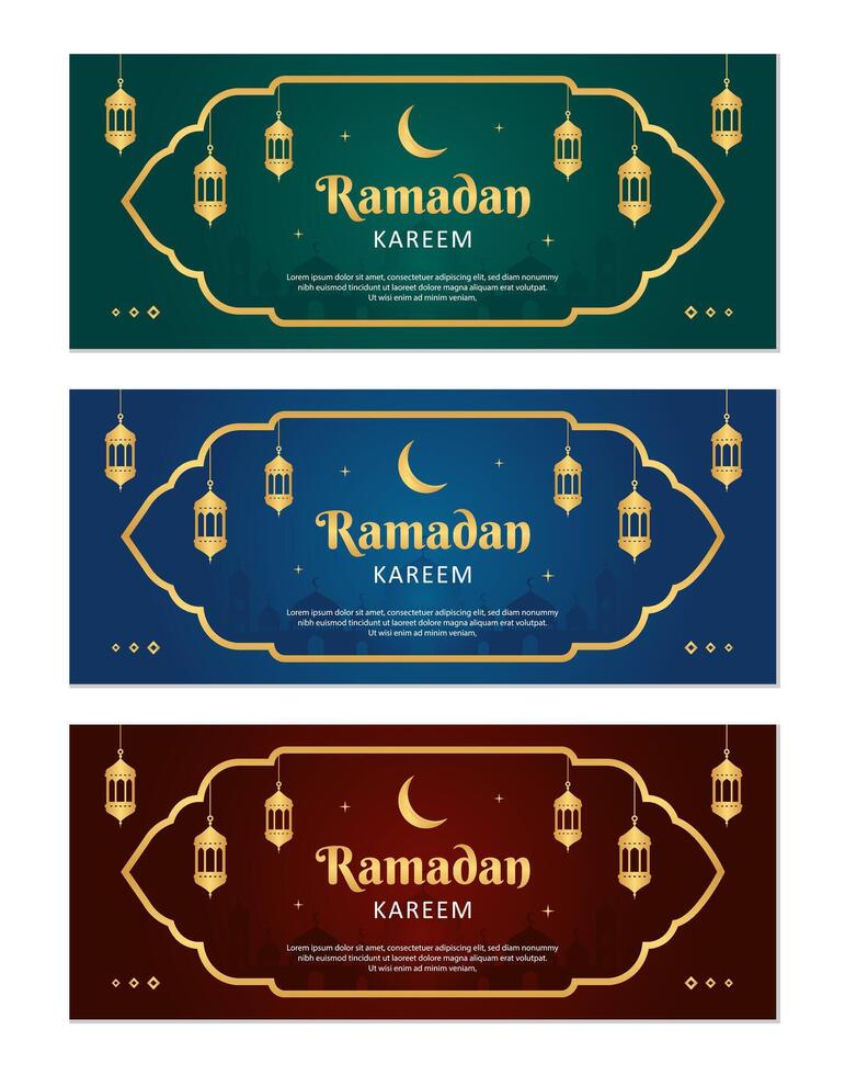 Islamic Ramadan celebration banner template design with gold frame and lantern illustration. Set of Ramadan banner background. vector