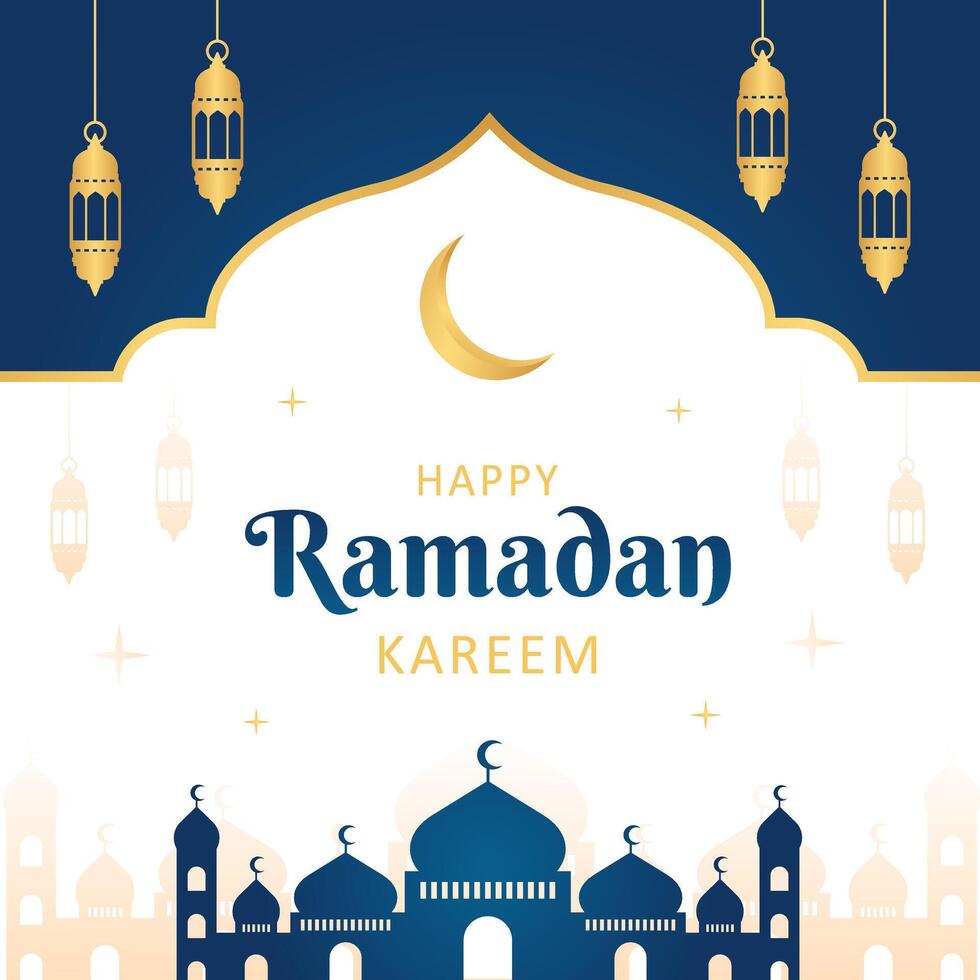 Islamic greetings Ramadan Kareem background design with golden frame, mosque, and lanterns. Ramadan template poster for social media post vector