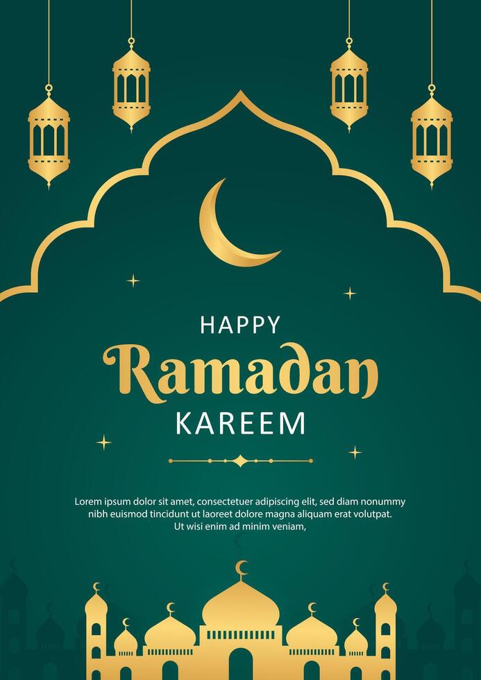 islámico Ramadán celebracion modelo póster diseño con oro marco, mezquita y linterna ilustración. Ramadán verde fondo, cubrir vector. vector