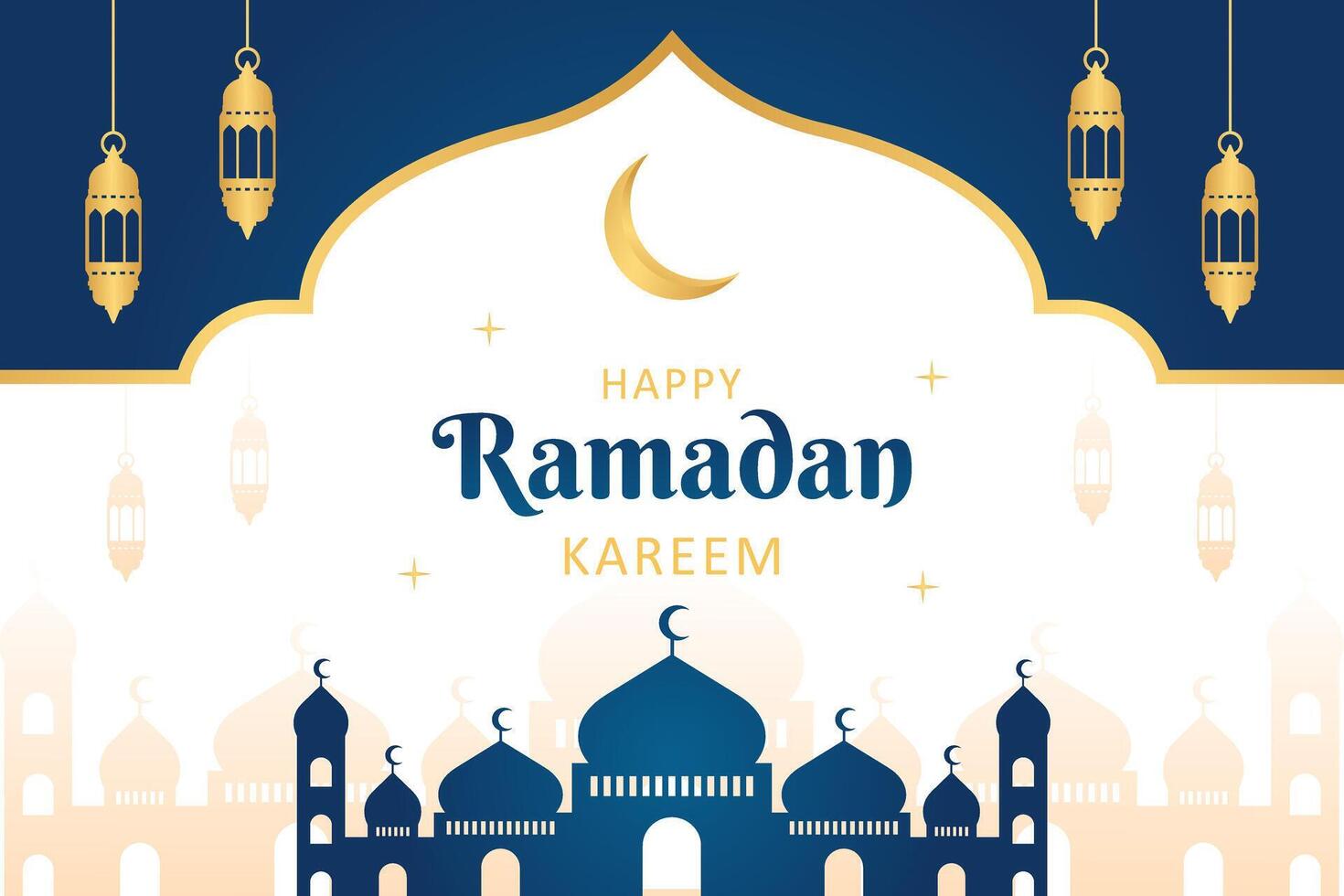 Islamic Ramadan celebration template banner design with gold frame, lantern, and mosque illustration. Beautiful Ramadan background and border vector
