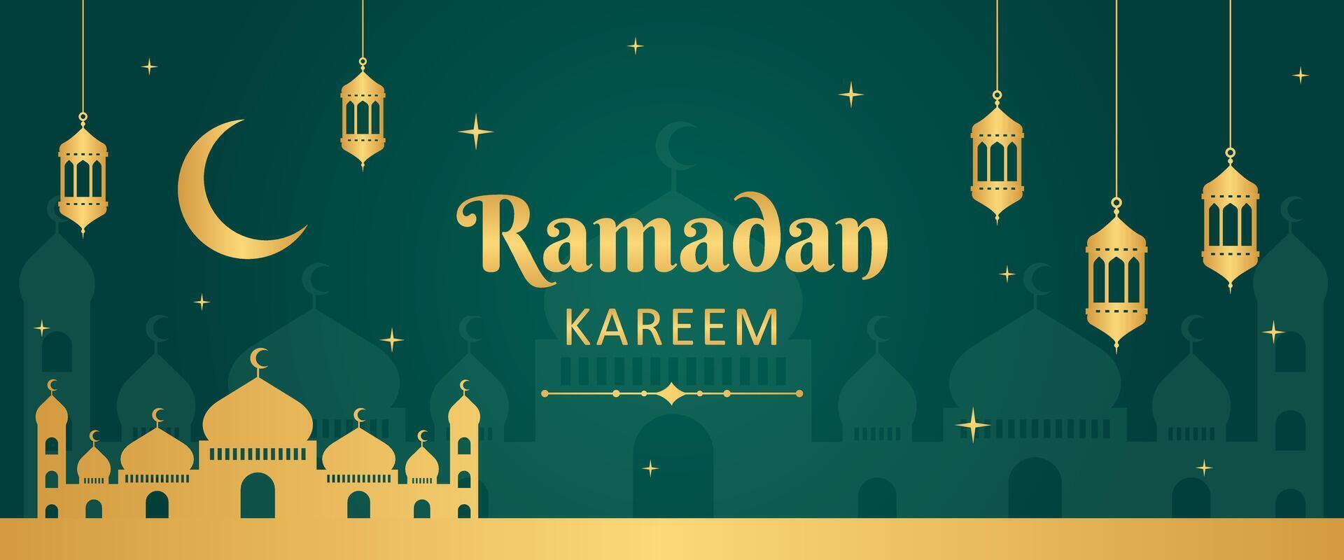 Ramadan Karem Islamic greetings banner background. Mosque, and lantern illustrations. Ramadan design for web banners, business, and header vector