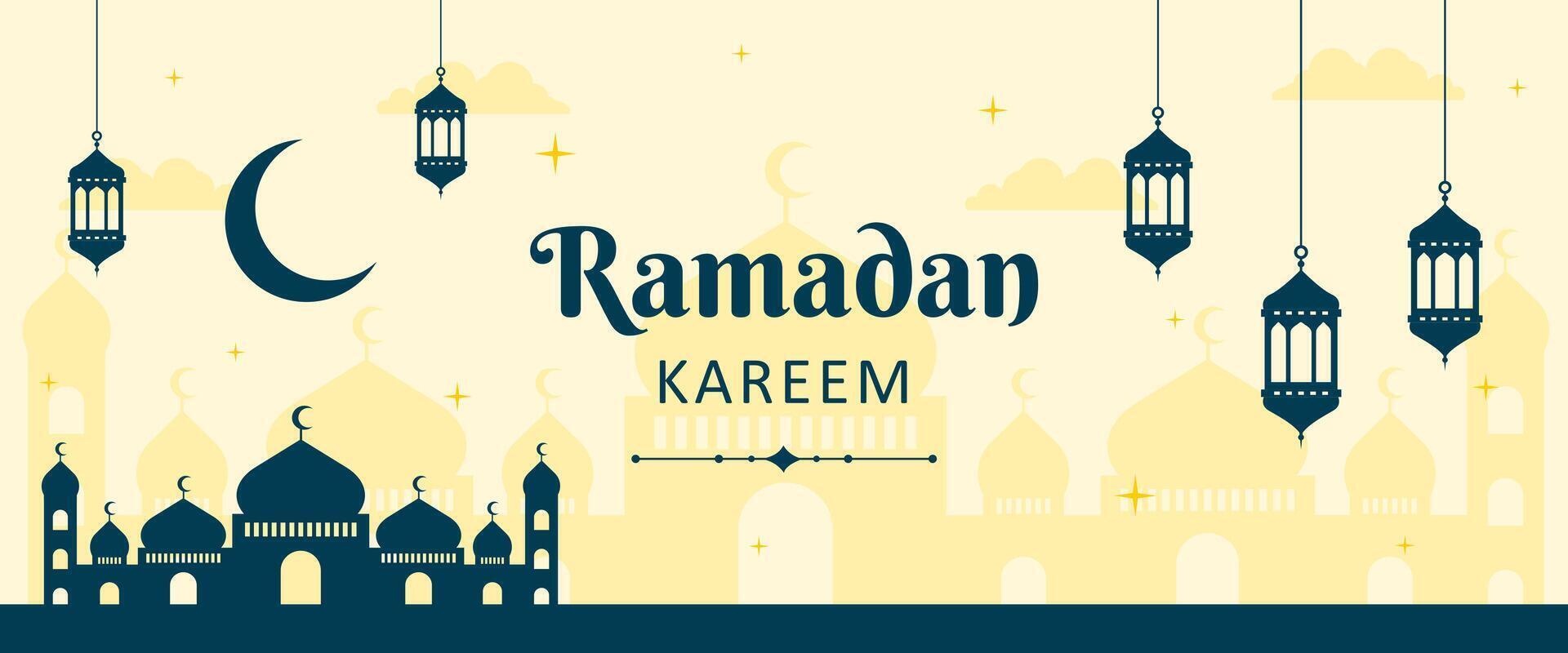 Ramadan Karem Islamic greetings banner background. Mosque, and lantern illustrations. Ramadan design for web banners, business, and header vector