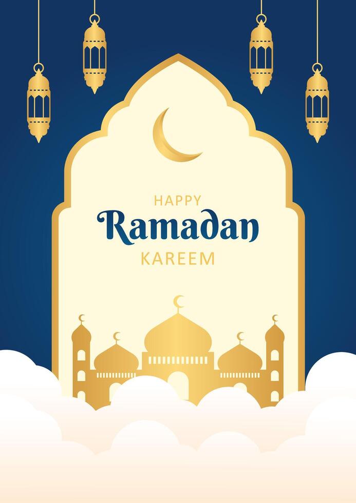 Islamic Ramadan celebration template poster design with gold frame, mosque, and lantern illustration. Beautiful Ramadan background, cover vector