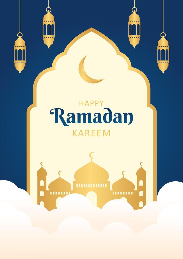 islámico Ramadán celebracion modelo póster diseño con oro marco, mezquita, y linterna ilustración. hermosa Ramadán fondo, cubrir vector