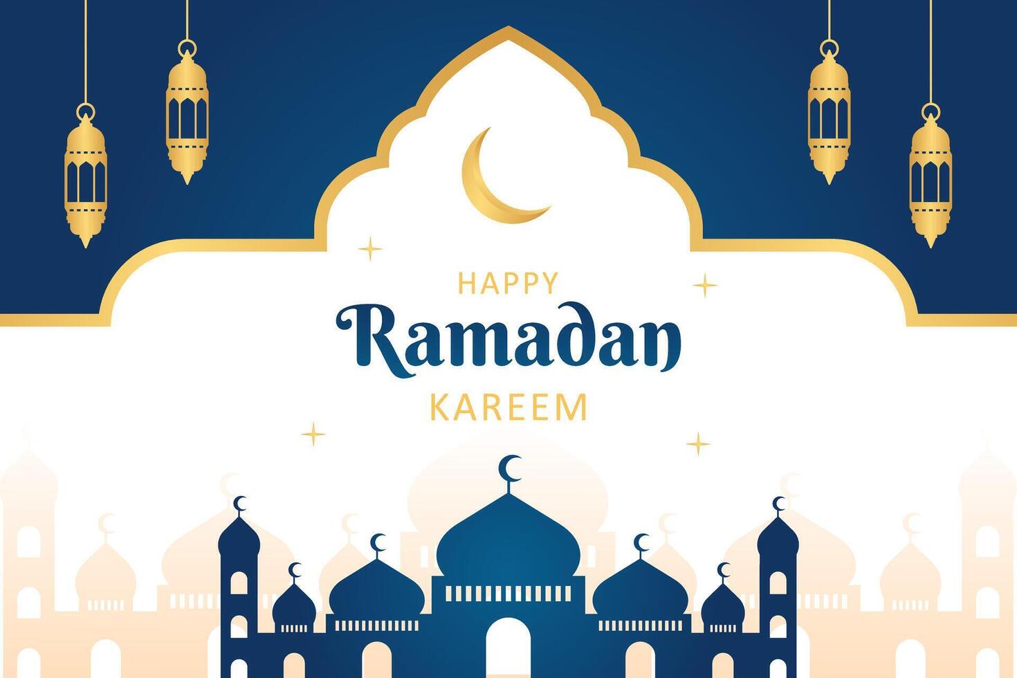 Islamic Ramadan celebration template banner design with gold frame, lantern, and mosque illustration. Beautiful Ramadan background and border vector