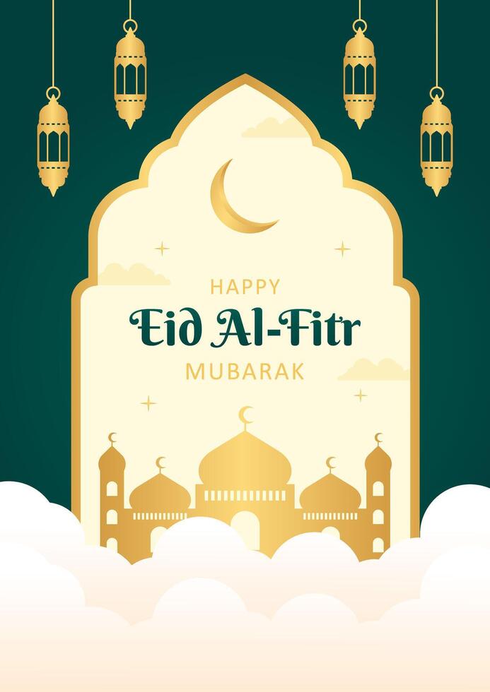 Eid Al-Fitr Mubarak Islamic greetings vector illustrations. Template poster design with gold frame, mosque, and lantern. Cover vector