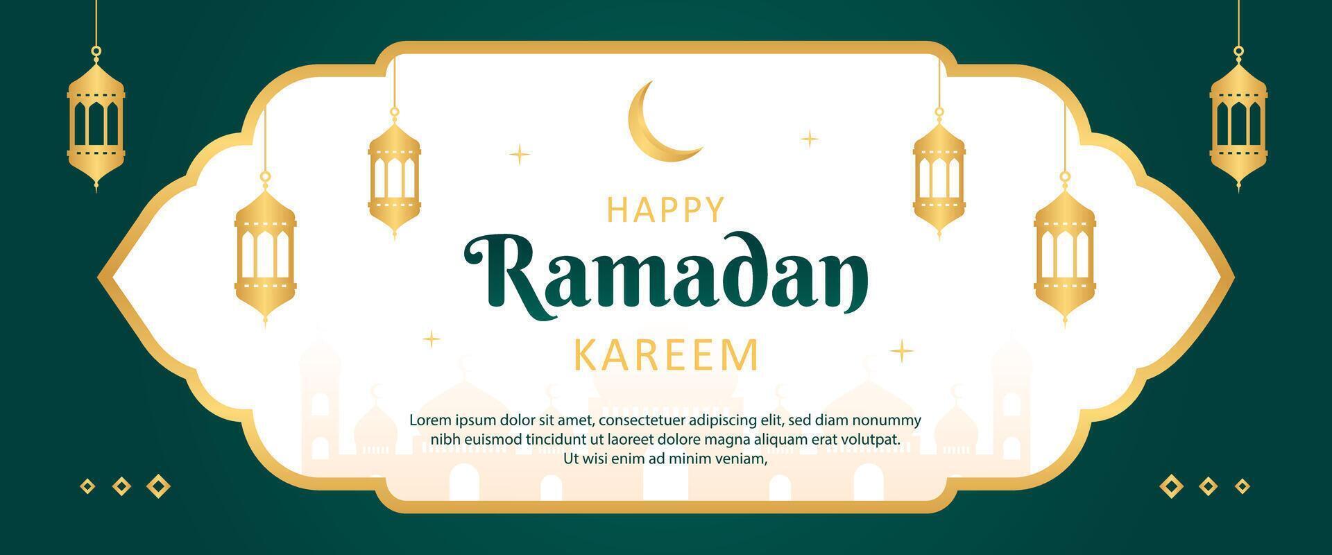 Islamic Ramadan celebration banner template design with gold frame and lantern illustration. Ramadan green banner background. vector