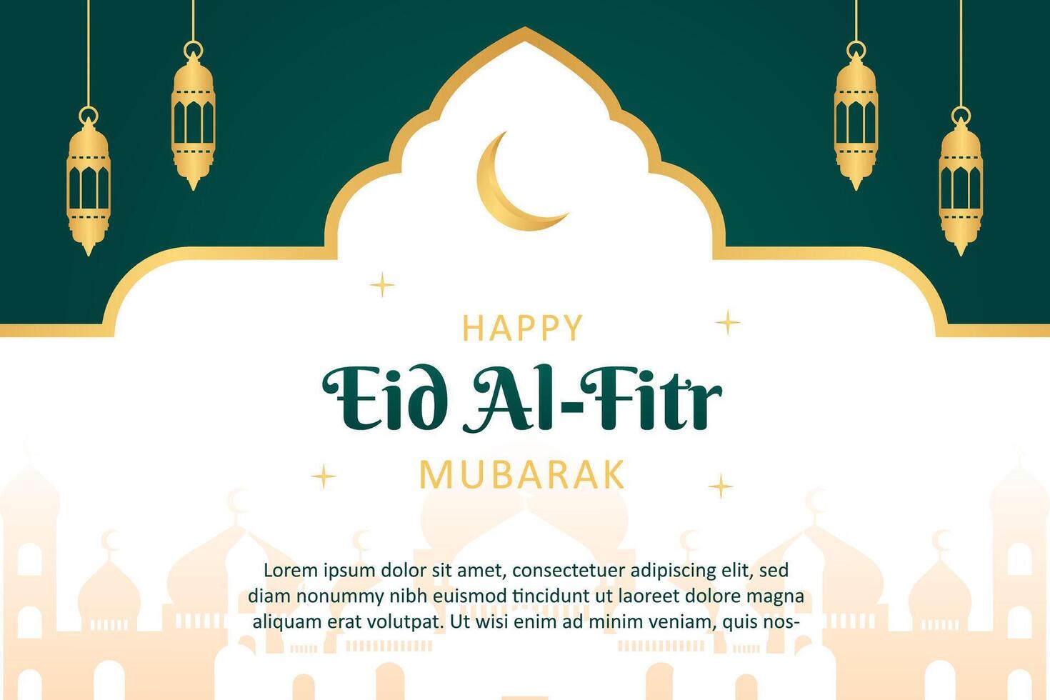 Eid Al-Fitr Mubarak Islamic greetings background illustrations. Template banner design with gold frame, mosque, and lantern. Card vector