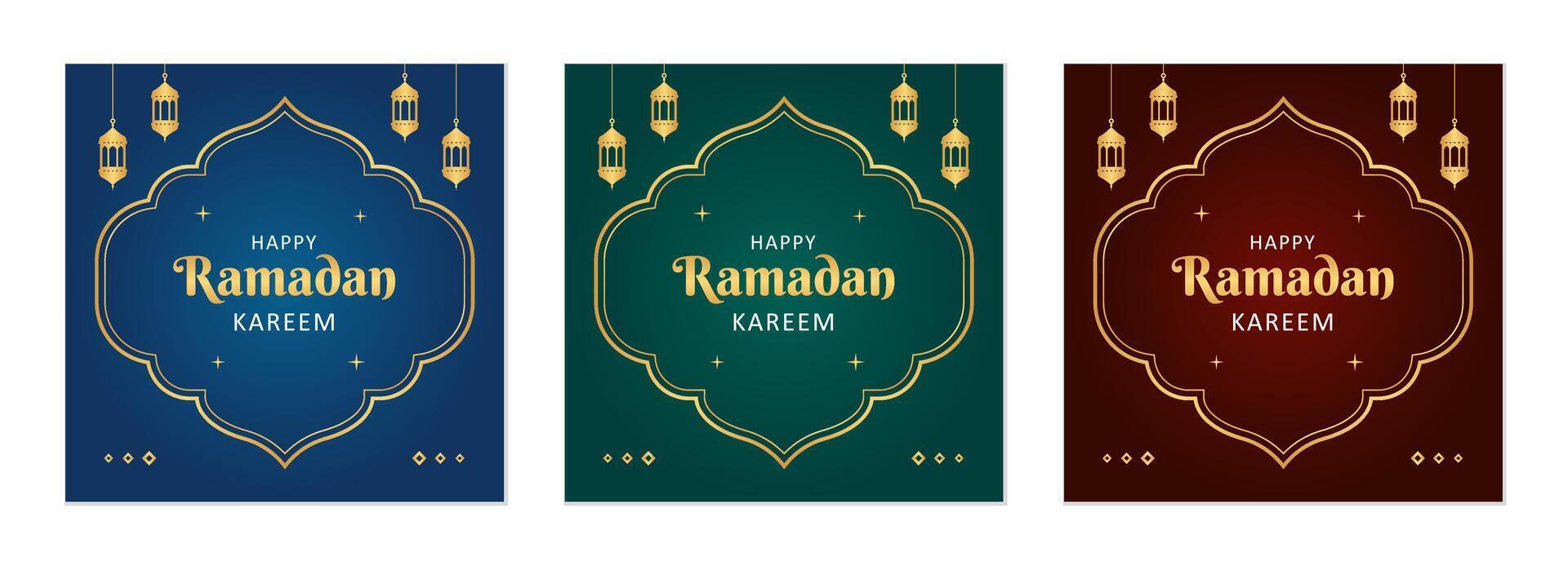 Islamic Ramadan celebration poster template design with gold frame and lantern illustration. Set of Ramadan square background for social media post vector