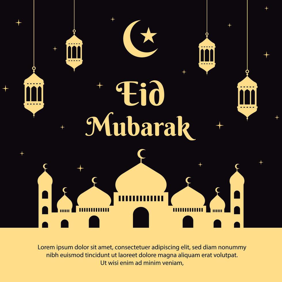 Eid Mubarak greetings background template. Poster design with mosque, and lantern illustrations. Islamic post vector