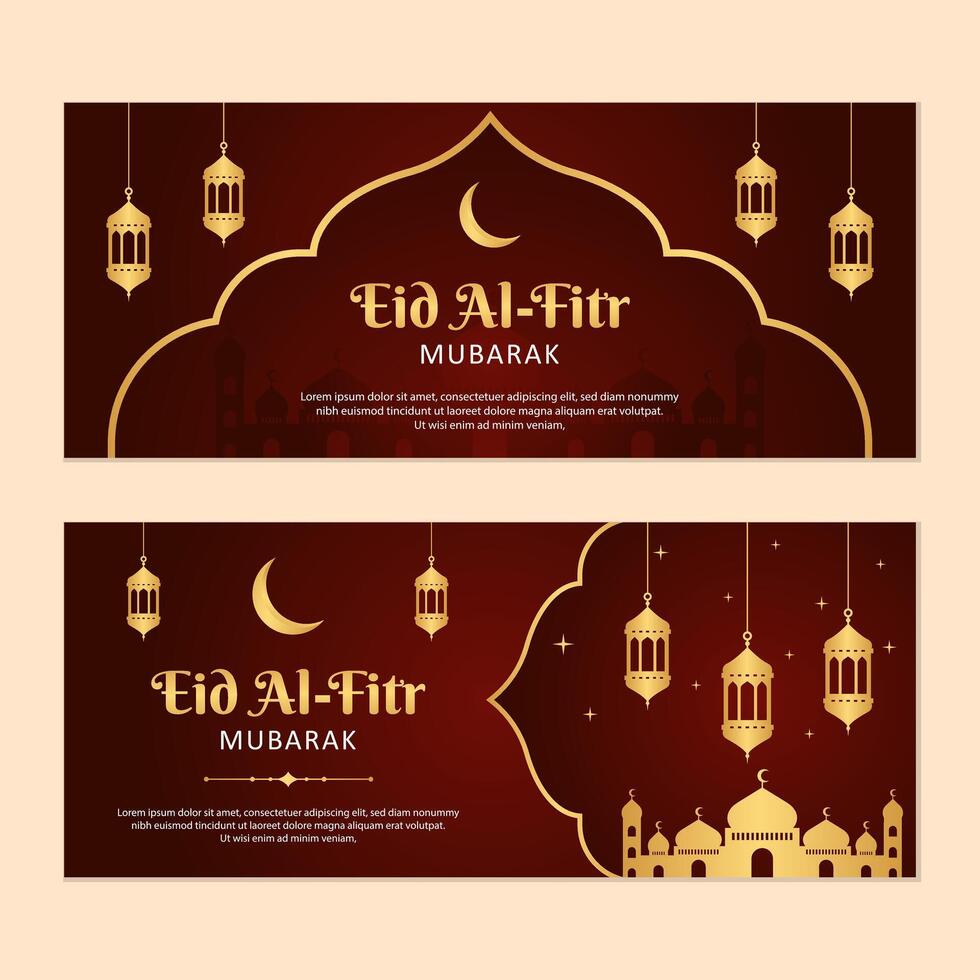 Eid Mubarak Islamic greeting banner template design with gold frame and lantern illustration. Set of Eid banner vector background.