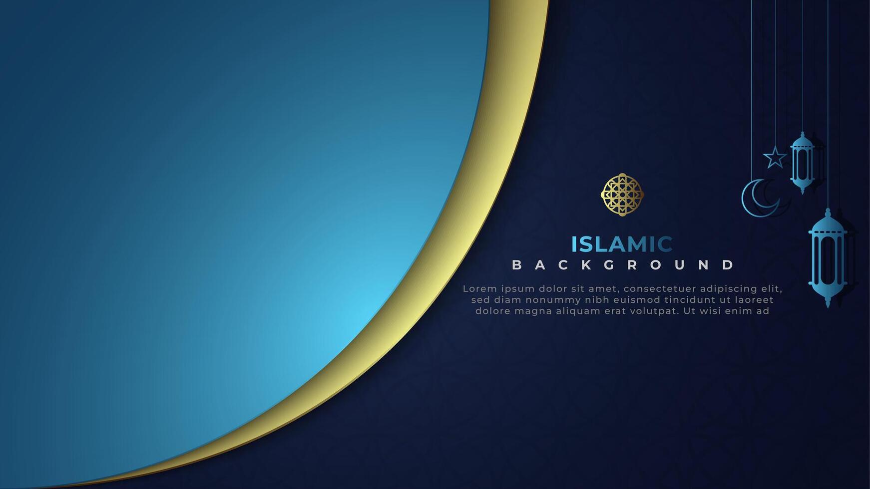 Dark blue simple Islamic background with gold lines and hanging lamp star moon elements vector