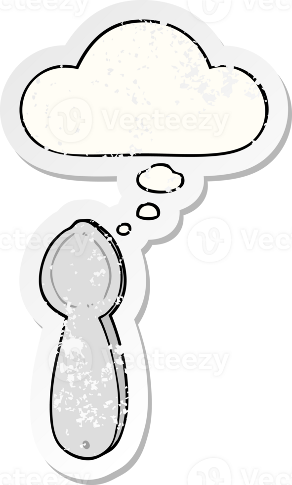 cartoon spoon with thought bubble as a distressed worn sticker png