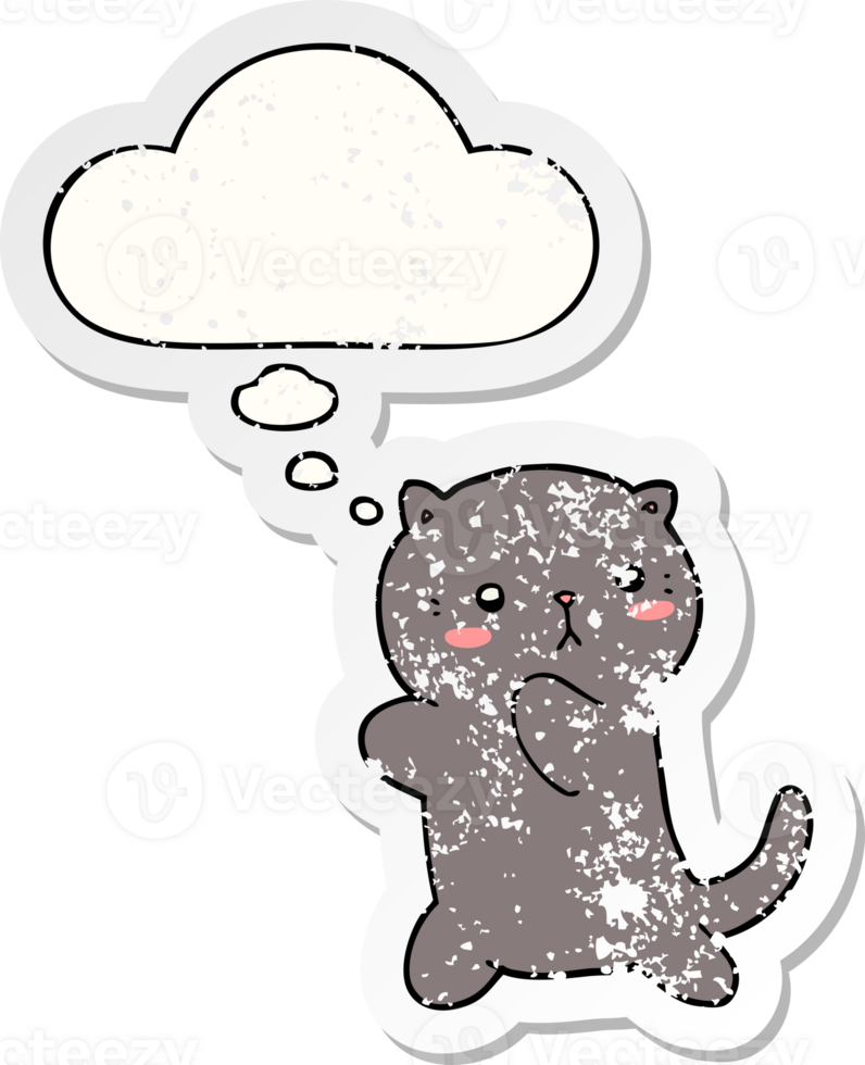 cute cartoon cat with thought bubble as a distressed worn sticker png