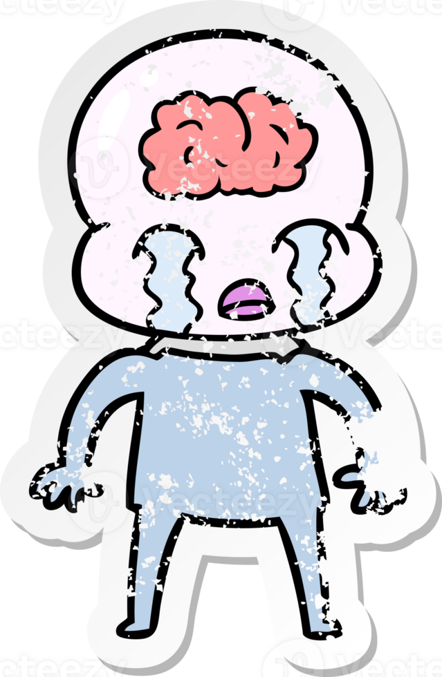 distressed sticker of a cartoon big brain alien crying png
