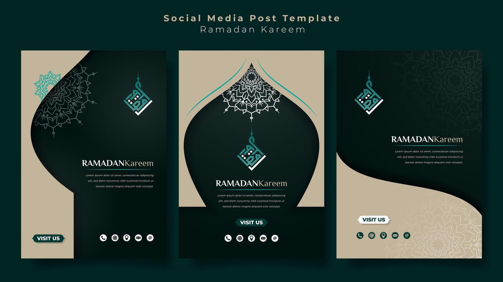 Social media post template in portrait design with mandala and arabic calligraphy in green and tan background. Islamic background in tan and green design. arabic text mean is ramadan kareem vector