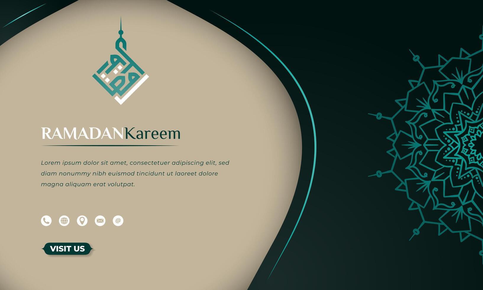 Islamic background in green and tan design with simple mandala and arabic calligraphy for ramadan kareem campaign. arabic text mean is ramadan kareem. vector