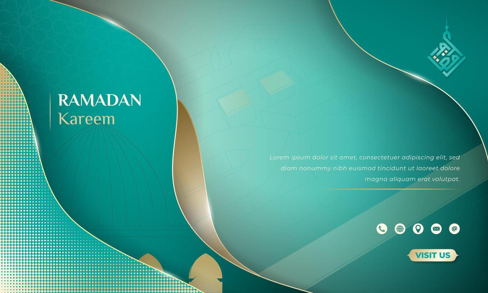 Islamic background in light sea green with gold lines design for ramadan kareem campaign. Arabic text mean is ramadan kareem. vector