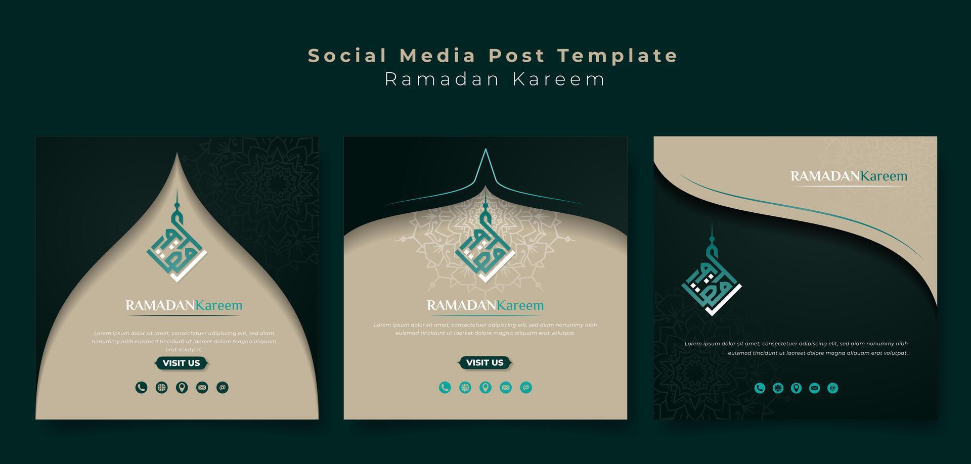 Set of social media post template with tan and green background with arabic calligraphy design for ramadan kareem campaign. arabic text mean is ramadan kareem. Islamic tan and green background design vector