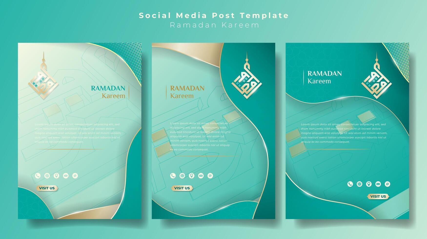 social medios de comunicación enviar modelo en retrato diseño con Arábica caligrafía diseño para Ramadán kareem campaña. Arábica texto media es Ramadán kareem islámico antecedentes en ligero mar verde vector