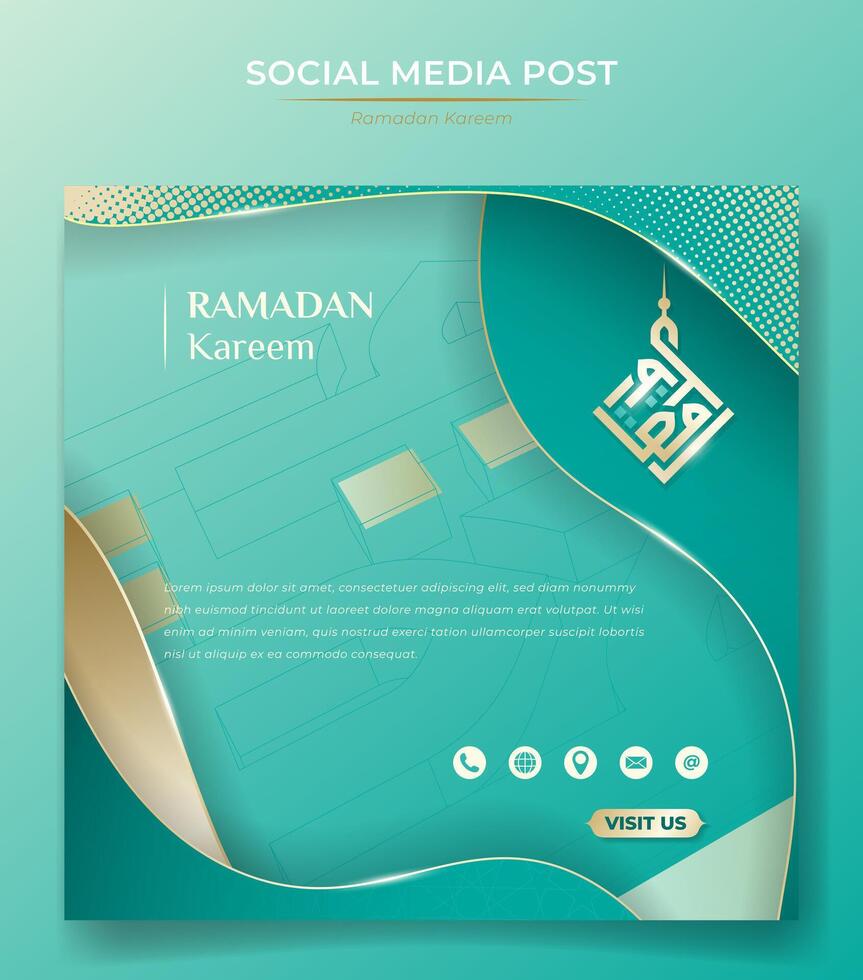 Ramadán antecedentes para bandera o social medios de comunicación Campaña con ligero mar verde y oro diseño. Arábica texto media es Ramadán kareem islámico antecedentes en ligero mar verde diseño. vector