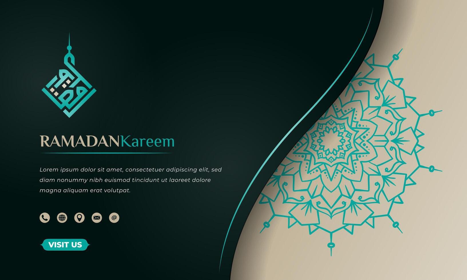 Green Islamic background with simple mandala design in tan background for ramadan kareem. Islamic background in green and tan design. arabic text mean is ramadan kareem. vector