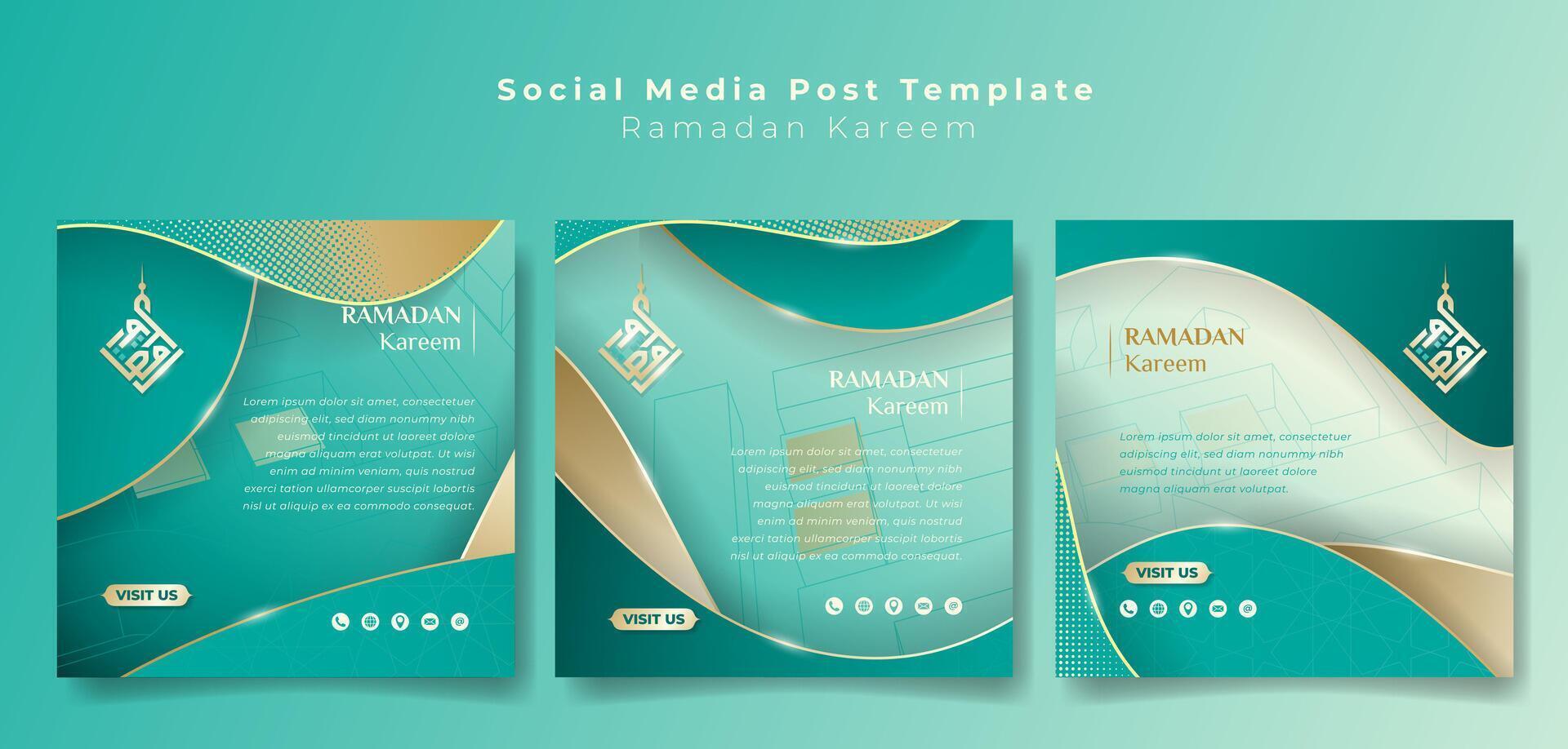 Set of social media post template with light sea green and golden design for ramadan kareem campaign. Arabic text mean is ramadan kareem. vector