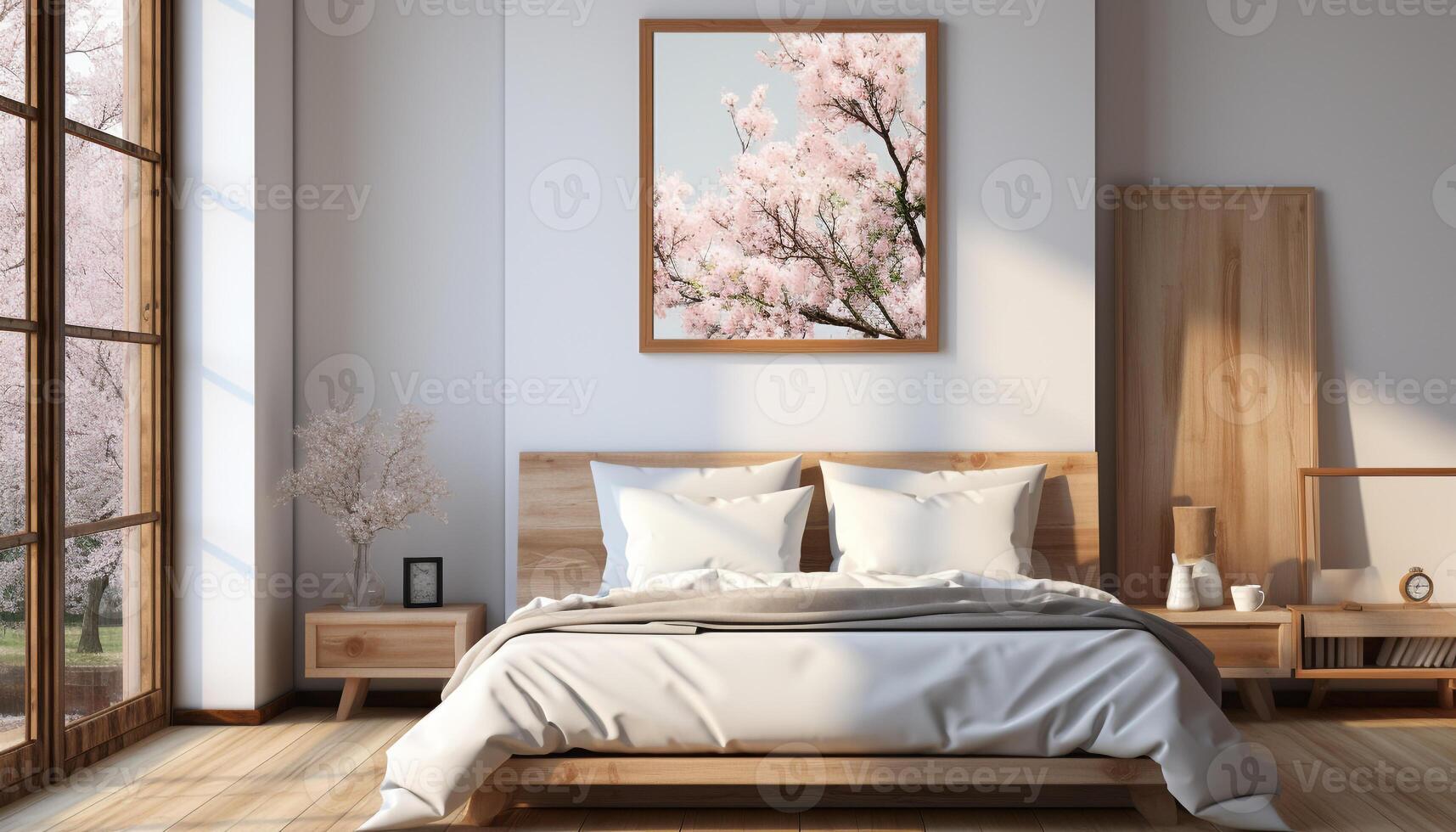 AI generated Modern apartment bedroom with comfortable bed, elegant design, and window generated by AI photo