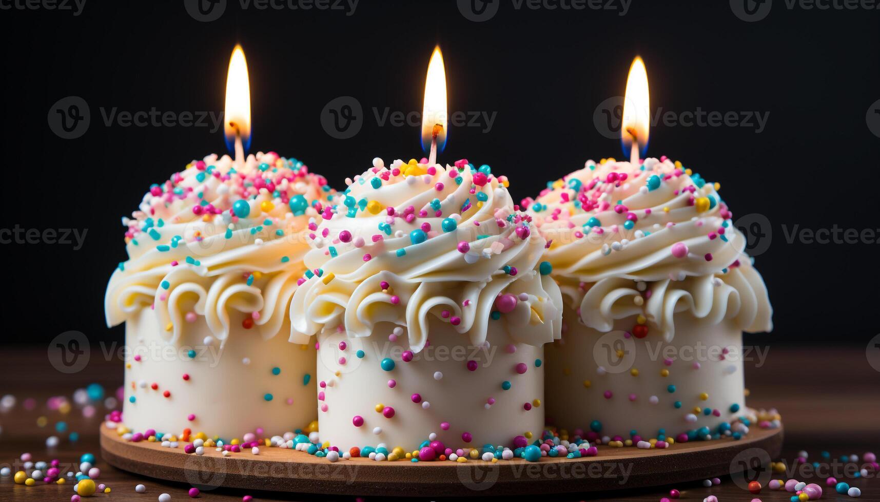 ai generado cumpleaños celebracion con dulce, multi de colores magdalenas y ardiente velas generado por ai foto