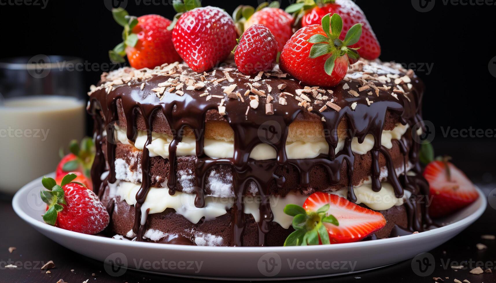 AI generated A fresh, homemade chocolate cake with strawberry and whipped cream generated by AI photo