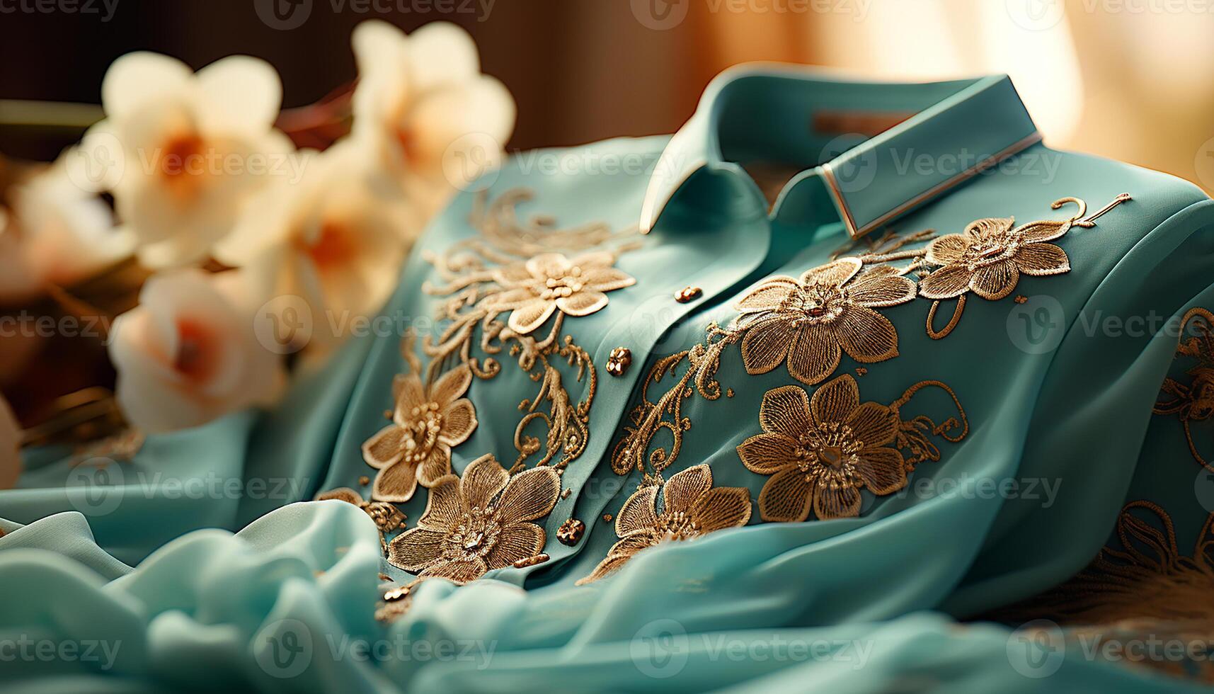 AI generated Elegant silk dress, adorned with gold embroidery, a timeless beauty generated by AI photo