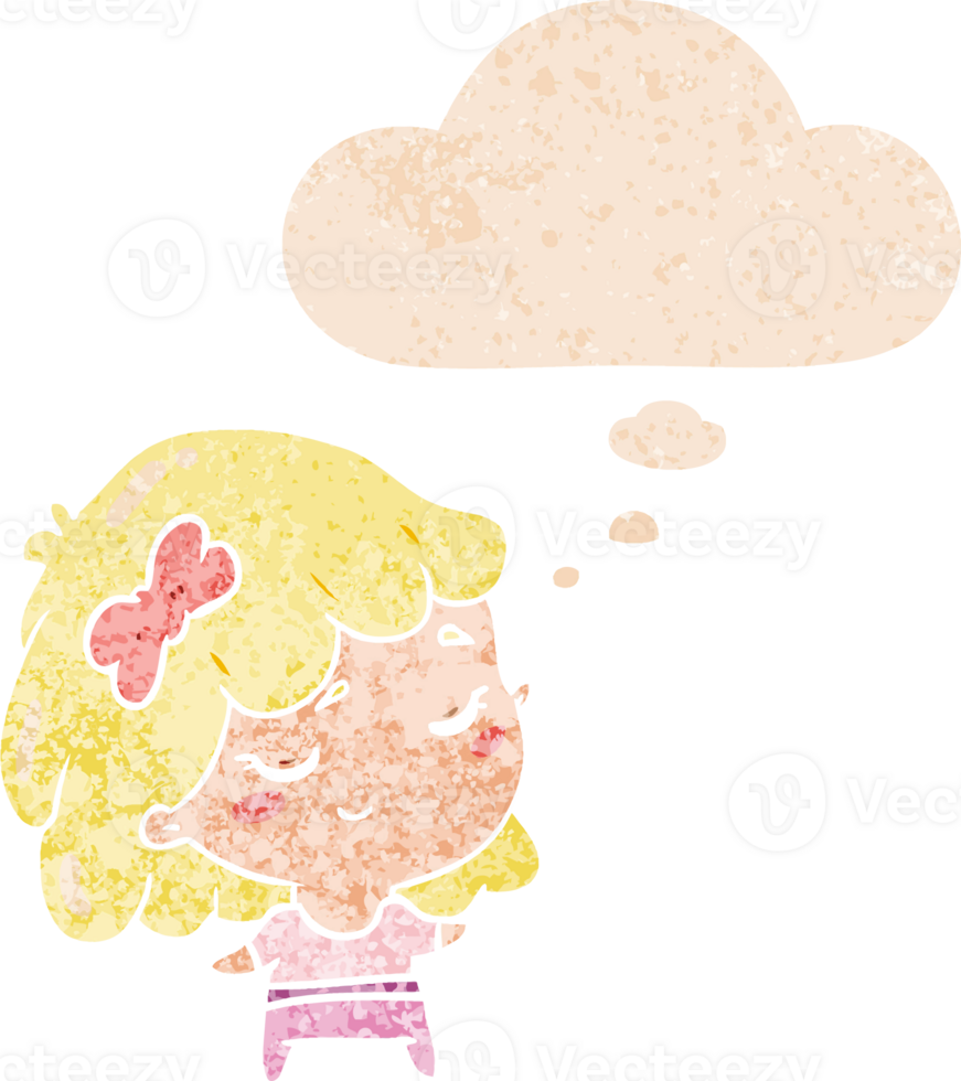 cartoon happy girl with thought bubble in grunge distressed retro textured style png