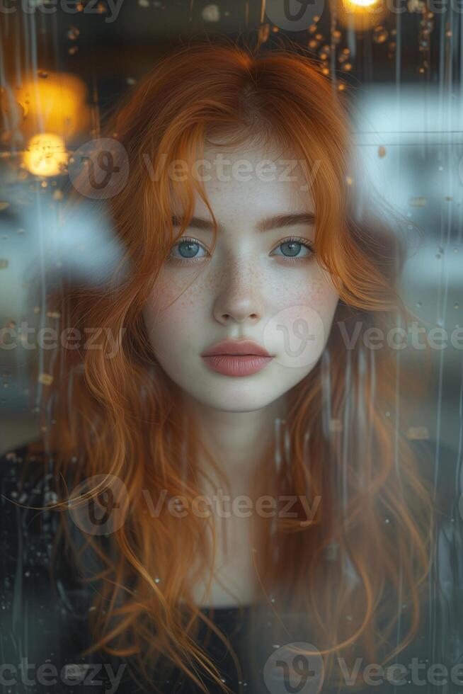 ai generado urbano elegancia temperamental retrato de rojo peludo mujer en moderno café cerca el ventana foto