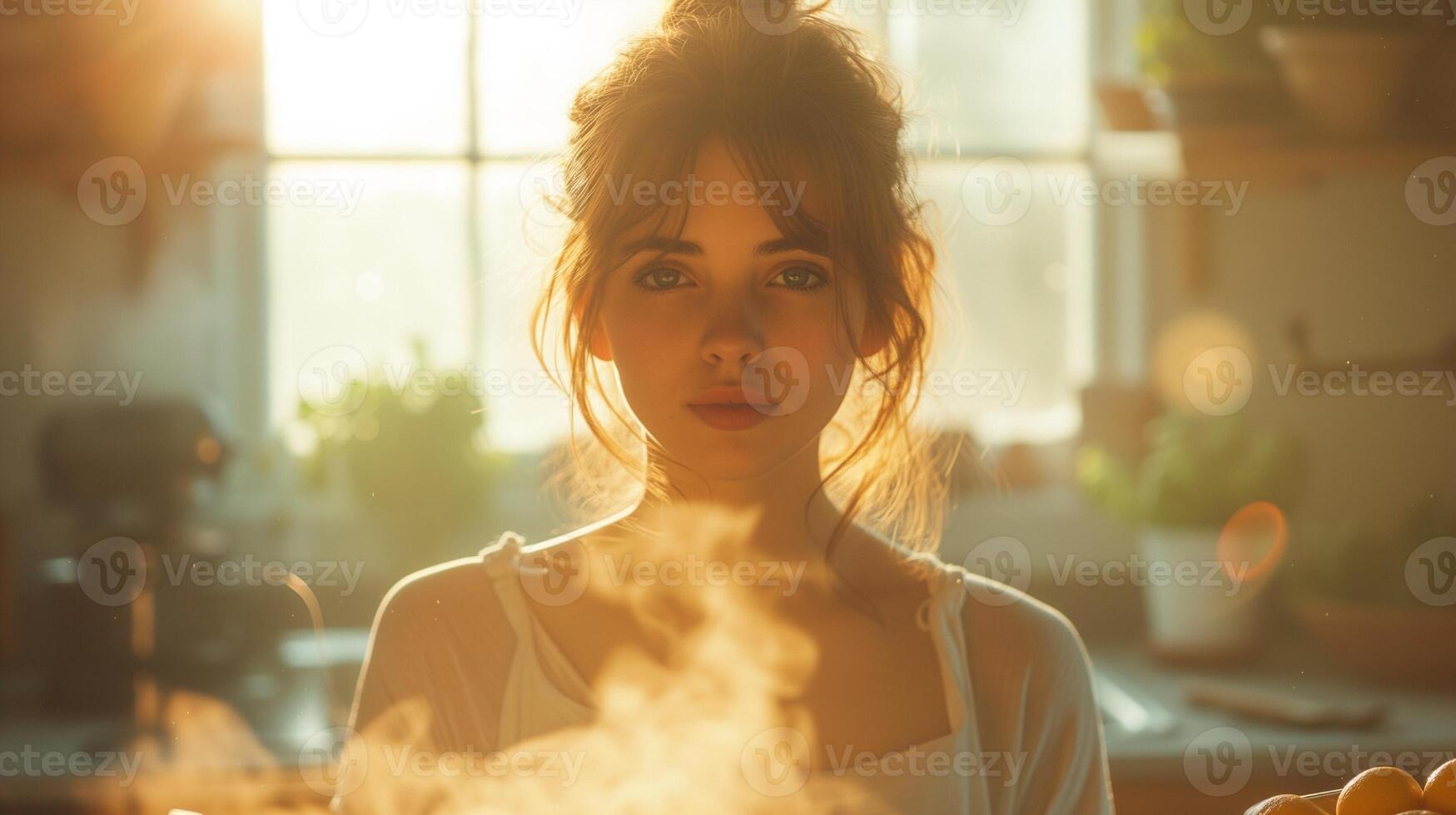 AI generated Mother's Care Young Woman Prepares School Lunch for Son in Sunlit Kitchen photo