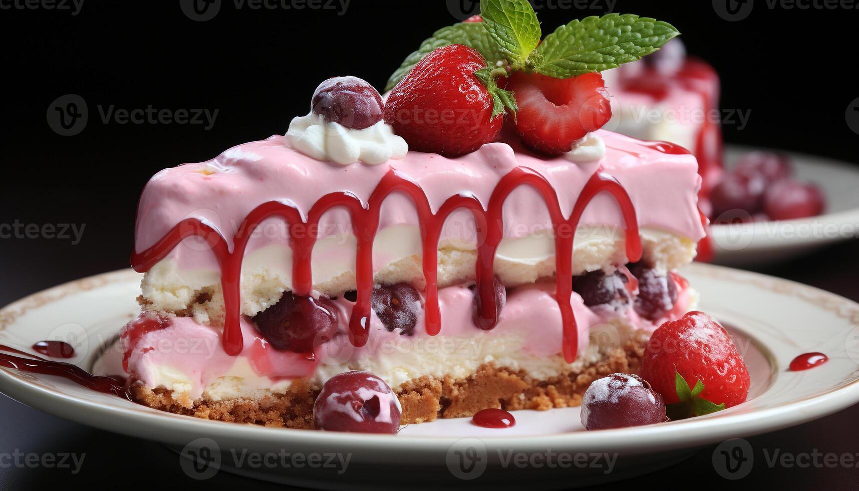 AI generated Gourmet dessert fresh fruit, cream, chocolate, raspberry, strawberry, mint generated by AI photo