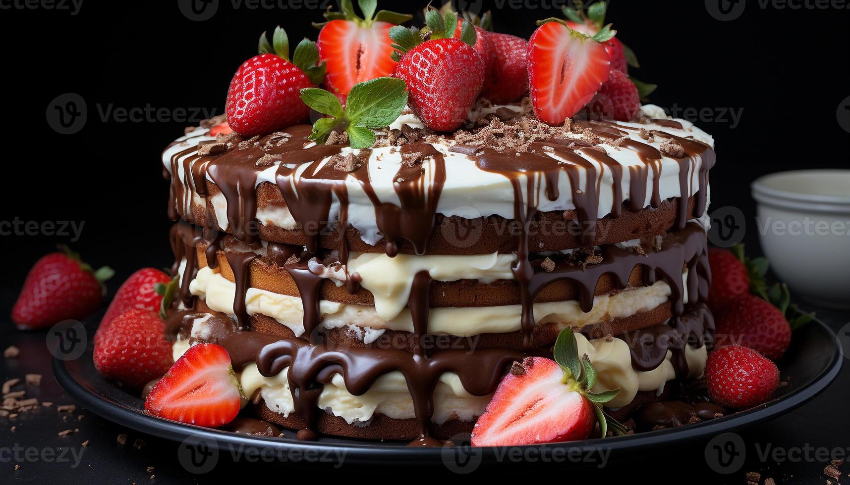 AI generated Homemade chocolate cake slice with fresh strawberry and whipped cream generated by AI photo
