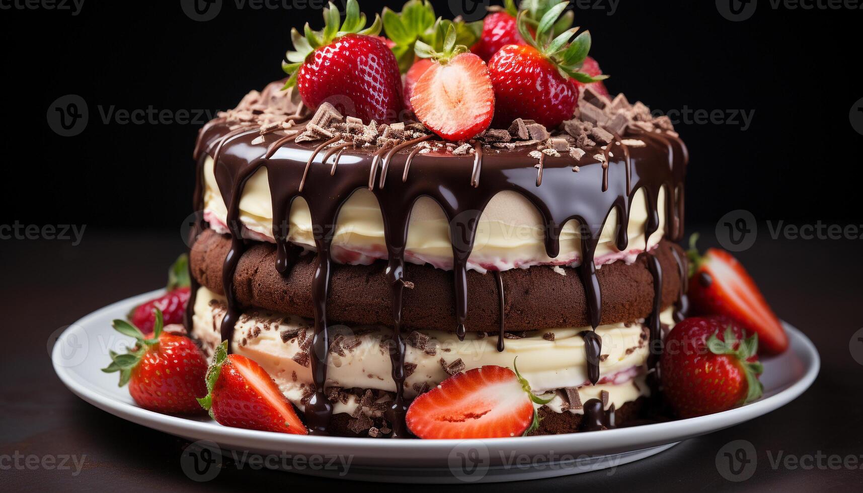 AI generated Homemade chocolate cake slice with fresh strawberry and whipped cream generated by AI photo
