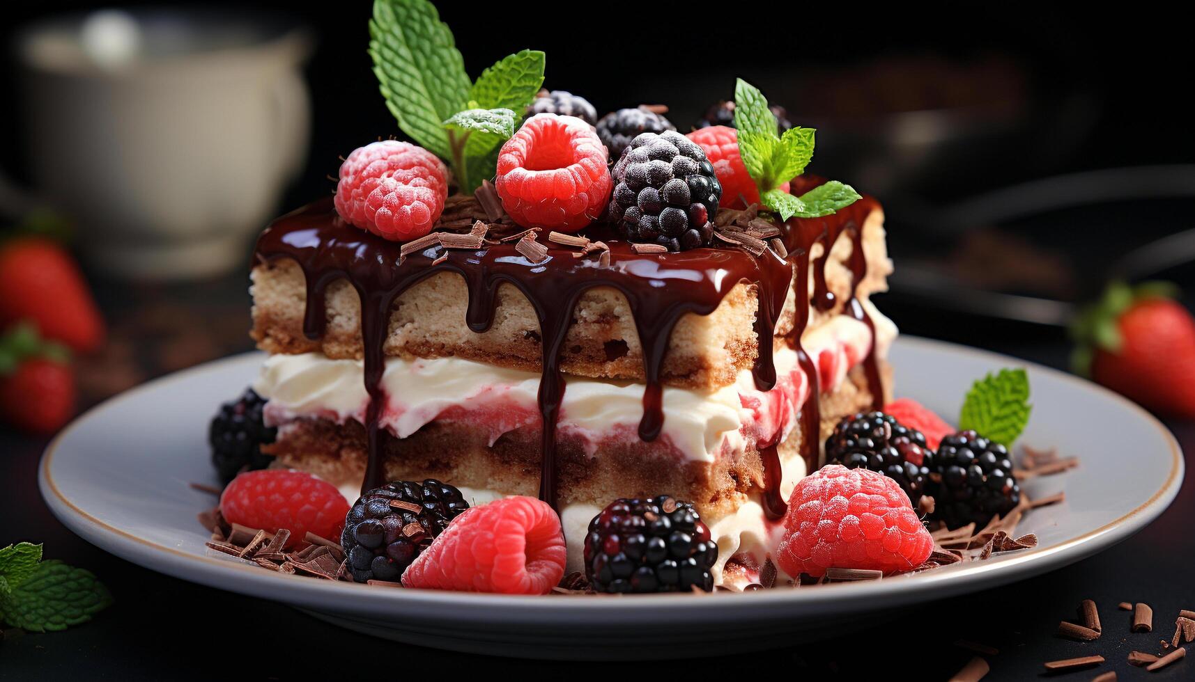 AI generated Homemade gourmet dessert chocolate cheesecake with raspberry and mint generated by AI photo