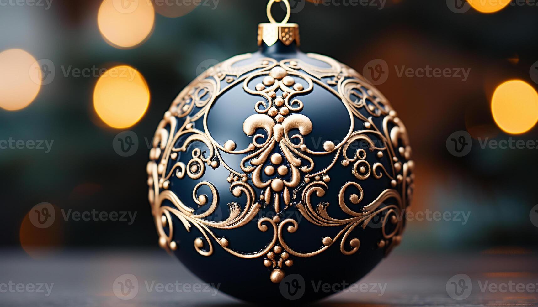 AI generated Shiny gold ornament illuminates Christmas tree, celebrating winter traditions generated by AI photo