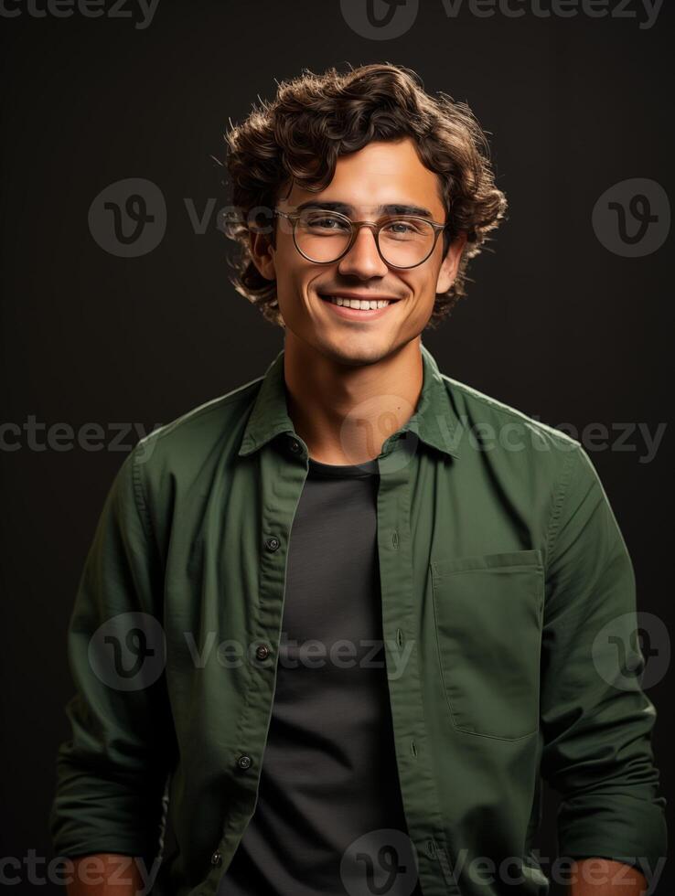 AI generated Photo of a young attractive smiling man in glasses and green t-shirt. Dark background. Photo for banner, commercial