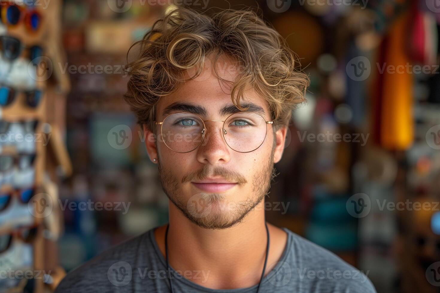 AI generated Wide-Angle Snapshot of a Young Man at the Eyeglass Store photo