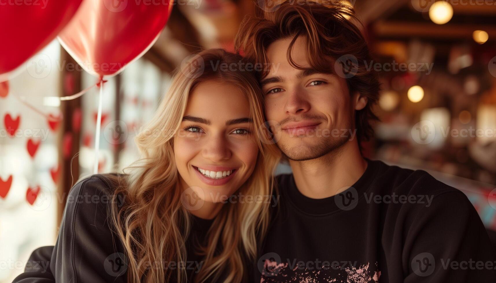 ai generado americano Pareja soportes en medio de rojo en forma de corazon globos, evocando San Valentín día romance con un sutil sombra efecto foto