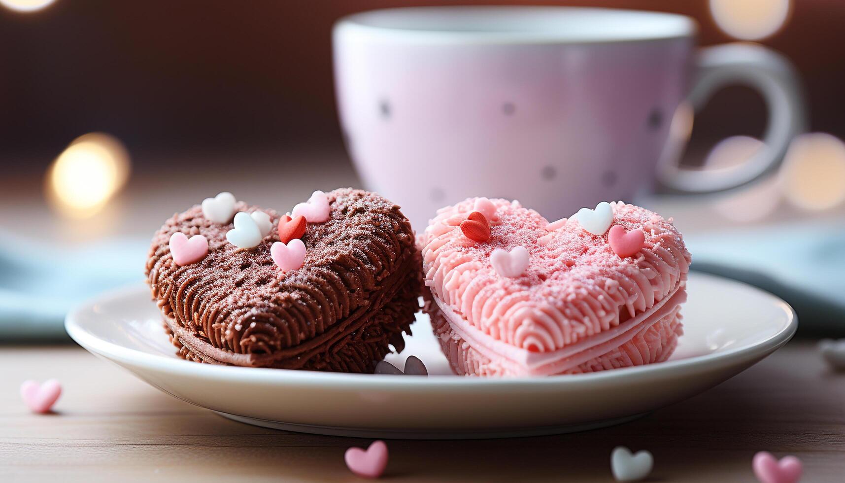 AI generated Sweet homemade dessert on pink table, close up of chocolate cookie generated by AI photo