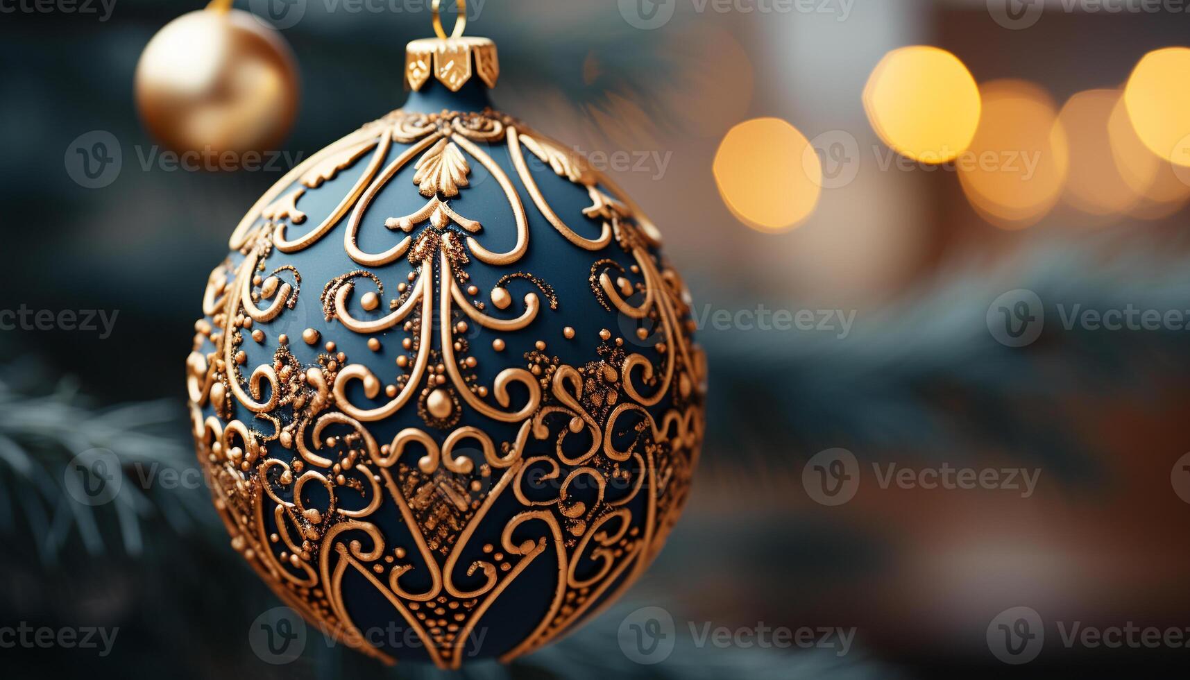 ai generado Navidad árbol decorado con oro adornos y brillante luces generado por ai foto