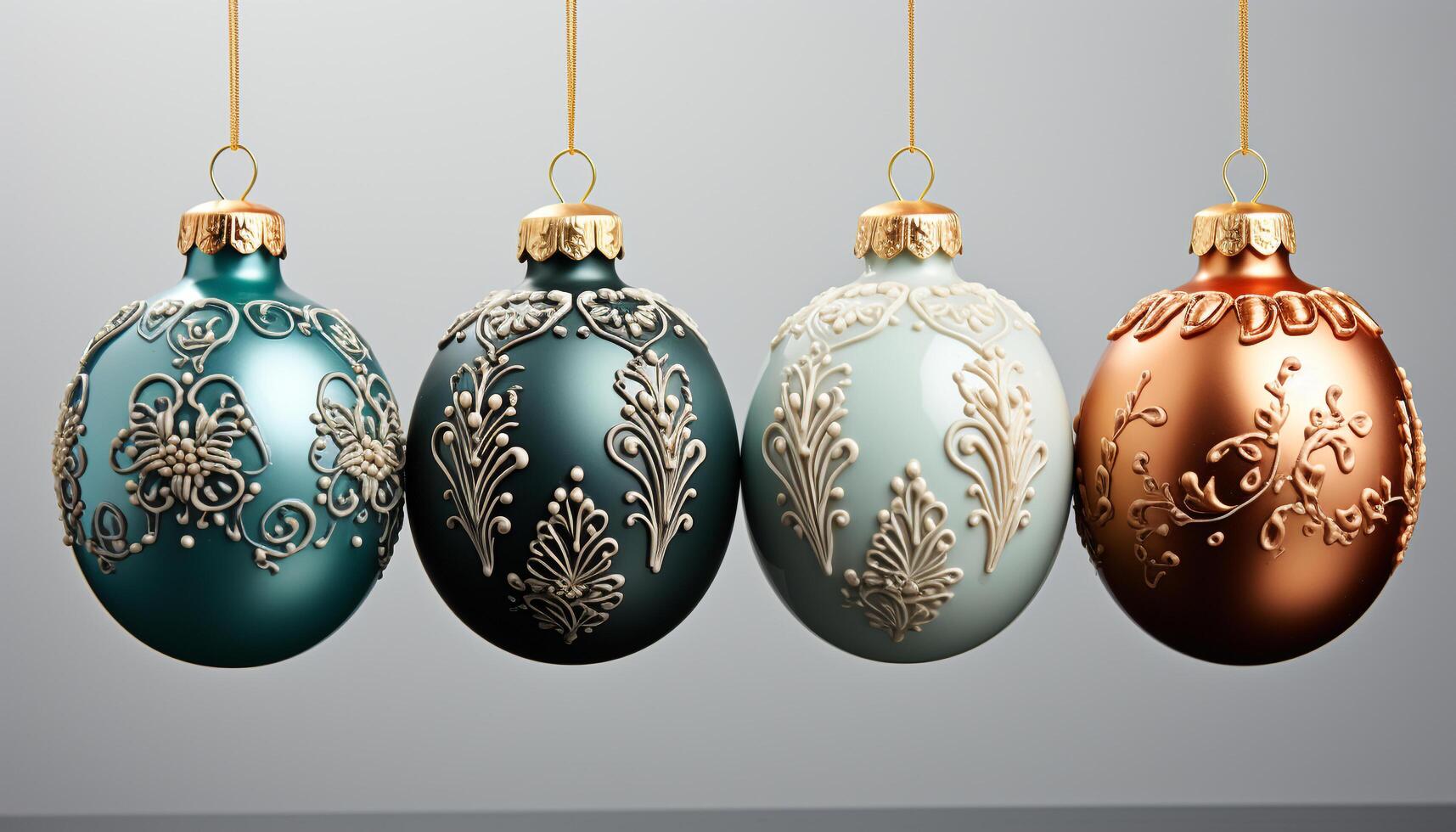 AI generated Winter celebration gold ornament hanging on blue Christmas tree generated by AI photo