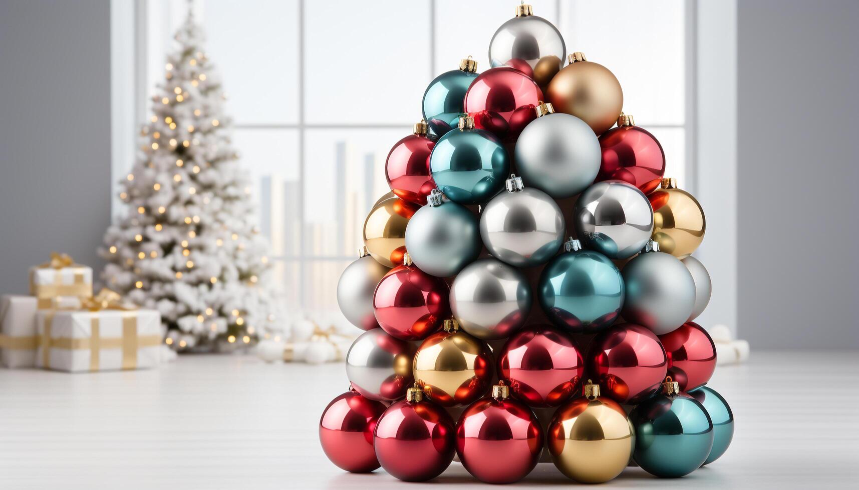 AI generated A shiny gold ornament decorates the illuminated Christmas tree generated by AI photo
