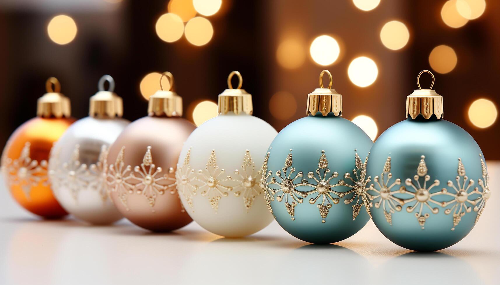 AI generated A vibrant row of glowing Christmas ornaments decorates the background generated by AI photo