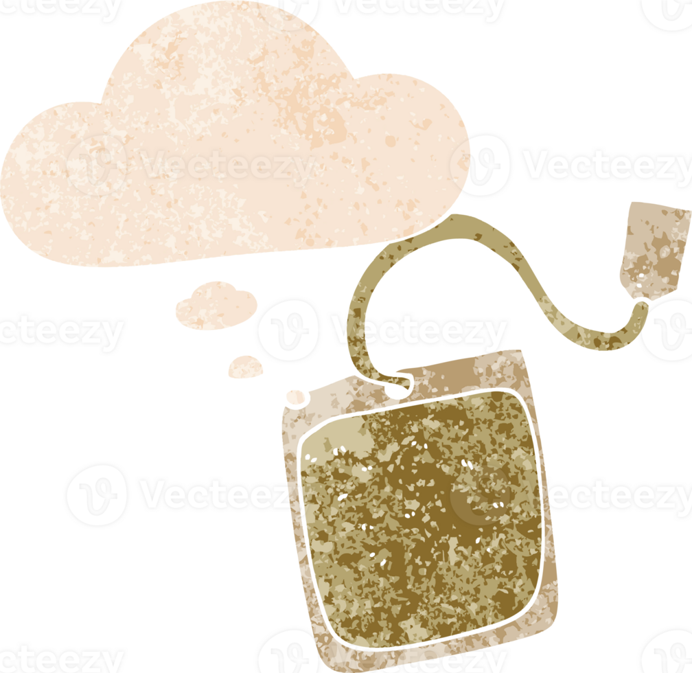 cartoon tea bag with thought bubble in grunge distressed retro textured style png